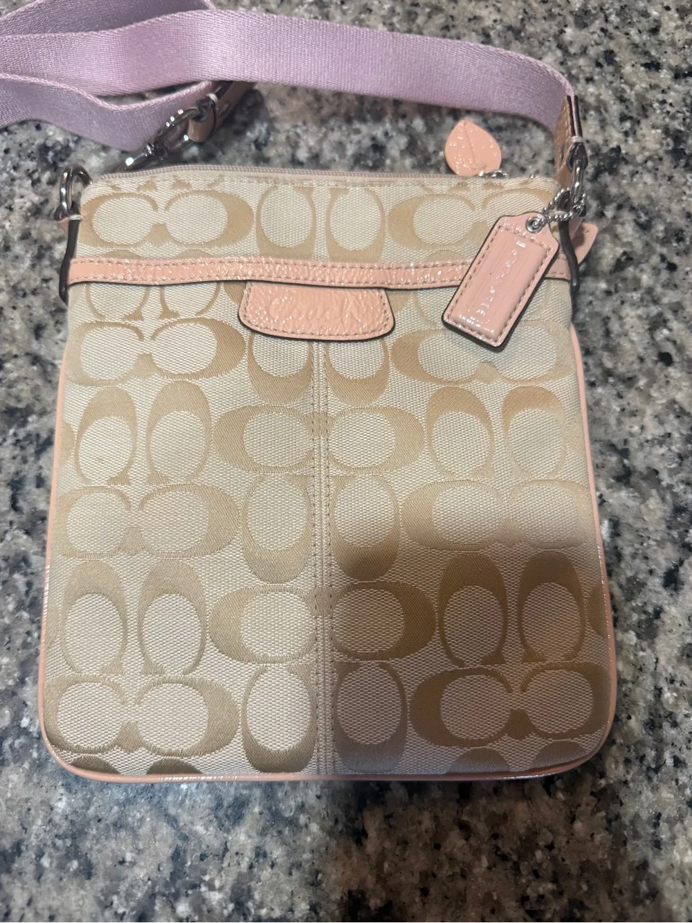 Coach Beige Signature Canvas Crossbody with Pink Trim